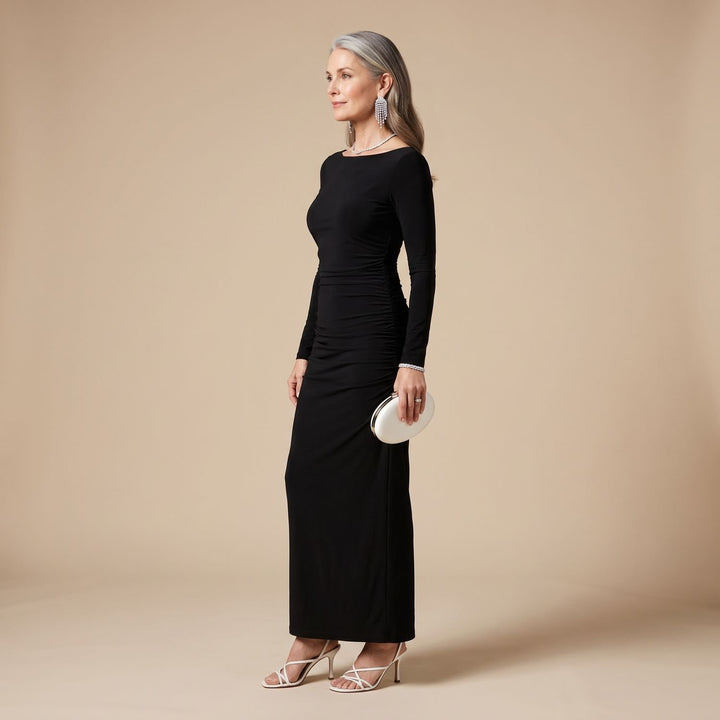 Women's Boat Neck Long Sleeve Ruched Maxi Dress