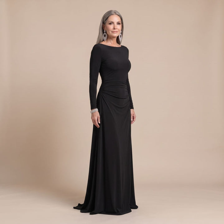 Women's Boat Neck Long Sleeve Ruched Maxi Dress