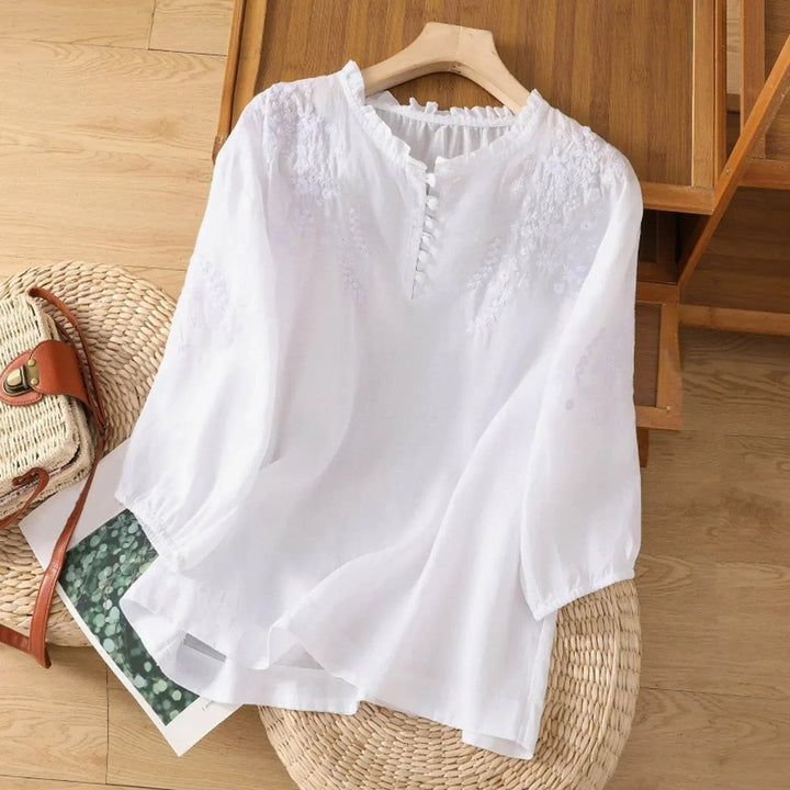 Women's Bohemian Floral Embroidered Ruffle-Neck Puff-Sleeve Blouse - White