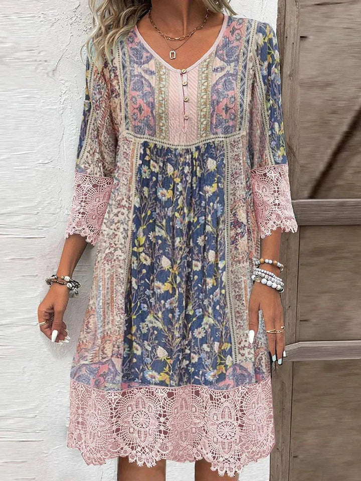 Women's Bohemian Floral Lace-Trim 3/4 Sleeve Tunic Dress - Rosa
