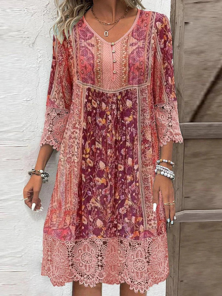 Women's Bohemian Floral Lace-Trim 3/4 Sleeve Tunic Dress - Rot