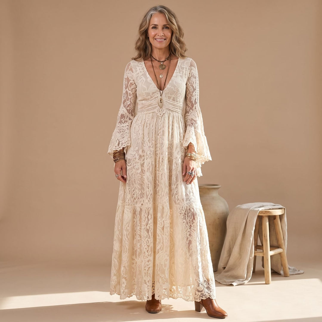 Women's Bohemian Lace V-Neck Bell-Sleeve Maxi Dress