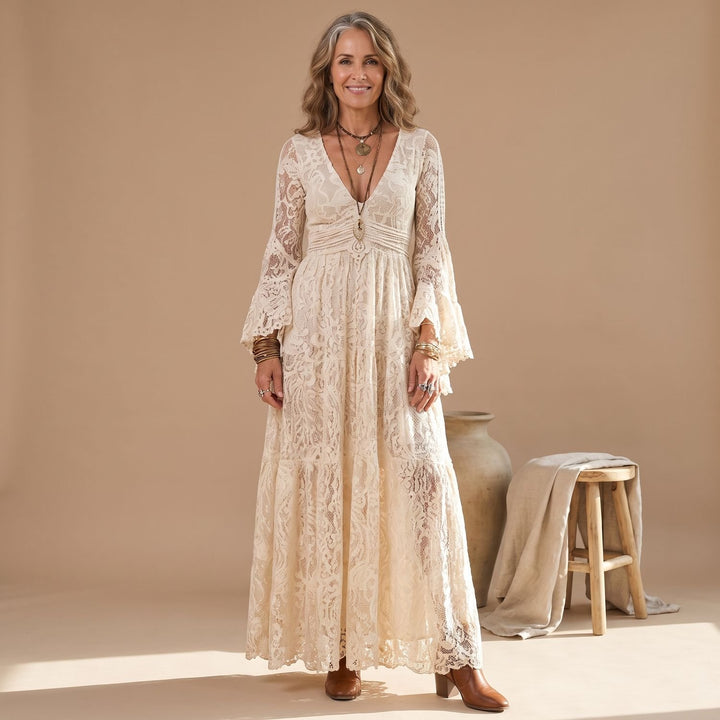 Women's Bohemian Lace V-Neck Bell-Sleeve Maxi Dress