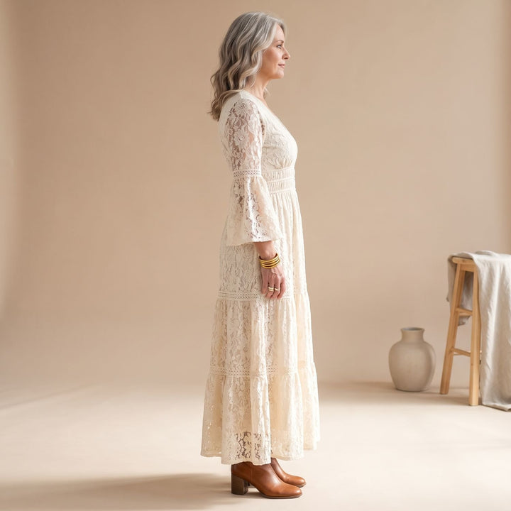 Women's Bohemian Lace V-Neck Bell-Sleeve Maxi Dress