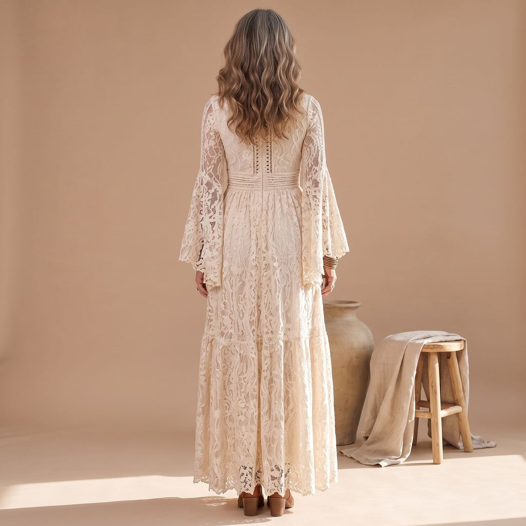 Women's Bohemian Lace V-Neck Bell-Sleeve Maxi Dress