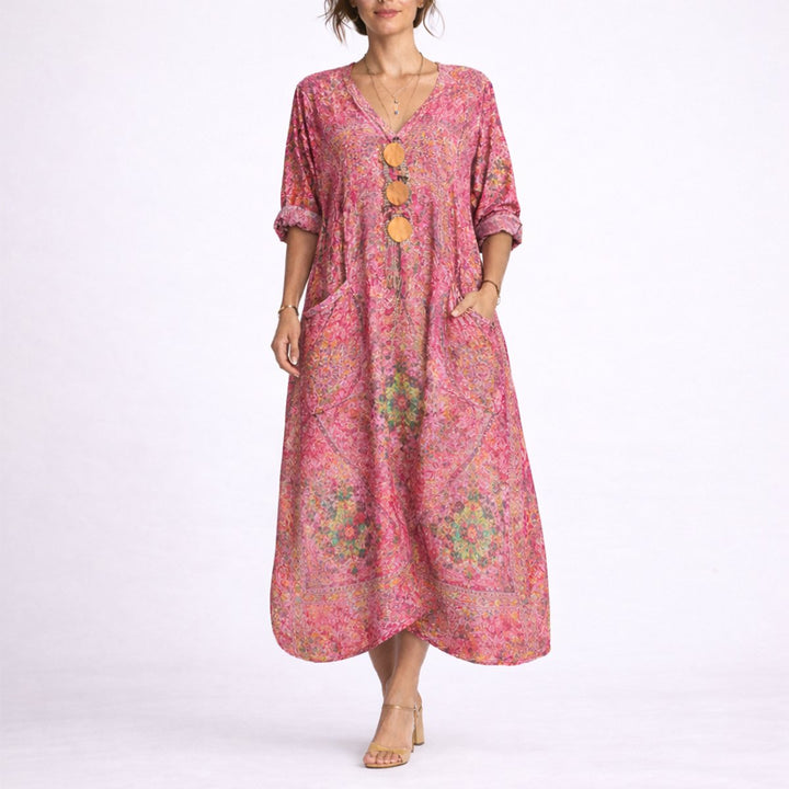 Women's Bohemian Paisley Maxi Kaftan Fall Wedding Guest Dress - Red