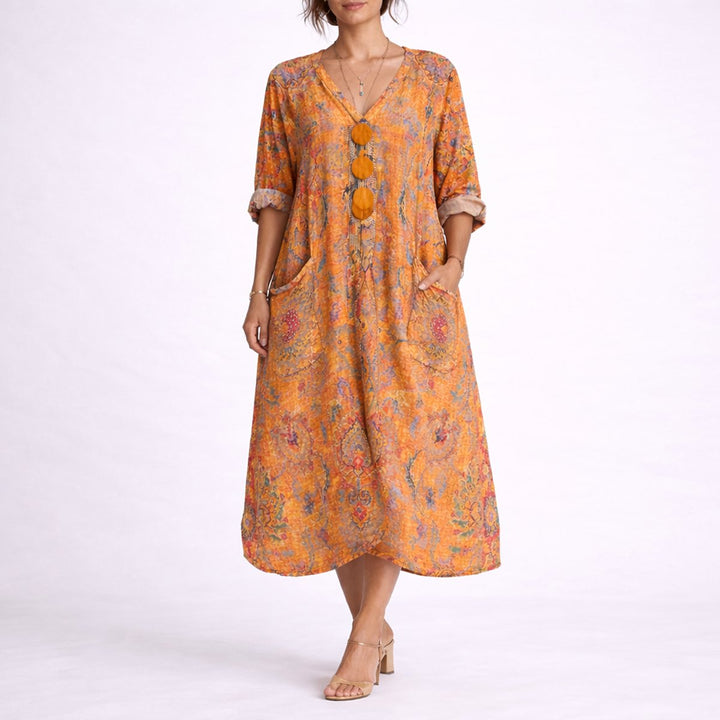 Women's Bohemian Paisley Maxi Kaftan Fall Wedding Guest Dress - Orange