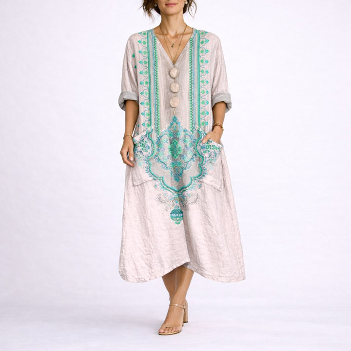 Women's Bohemian Paisley Maxi Kaftan Fall Wedding Guest Dress - Pink & Green