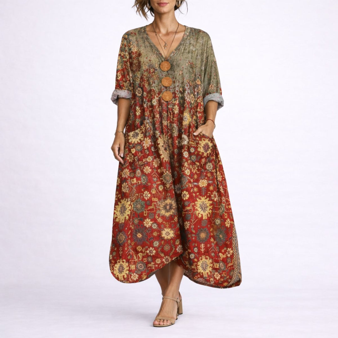 Women's Bohemian Paisley Maxi Kaftan Fall Wedding Guest Dress - Red Carpet