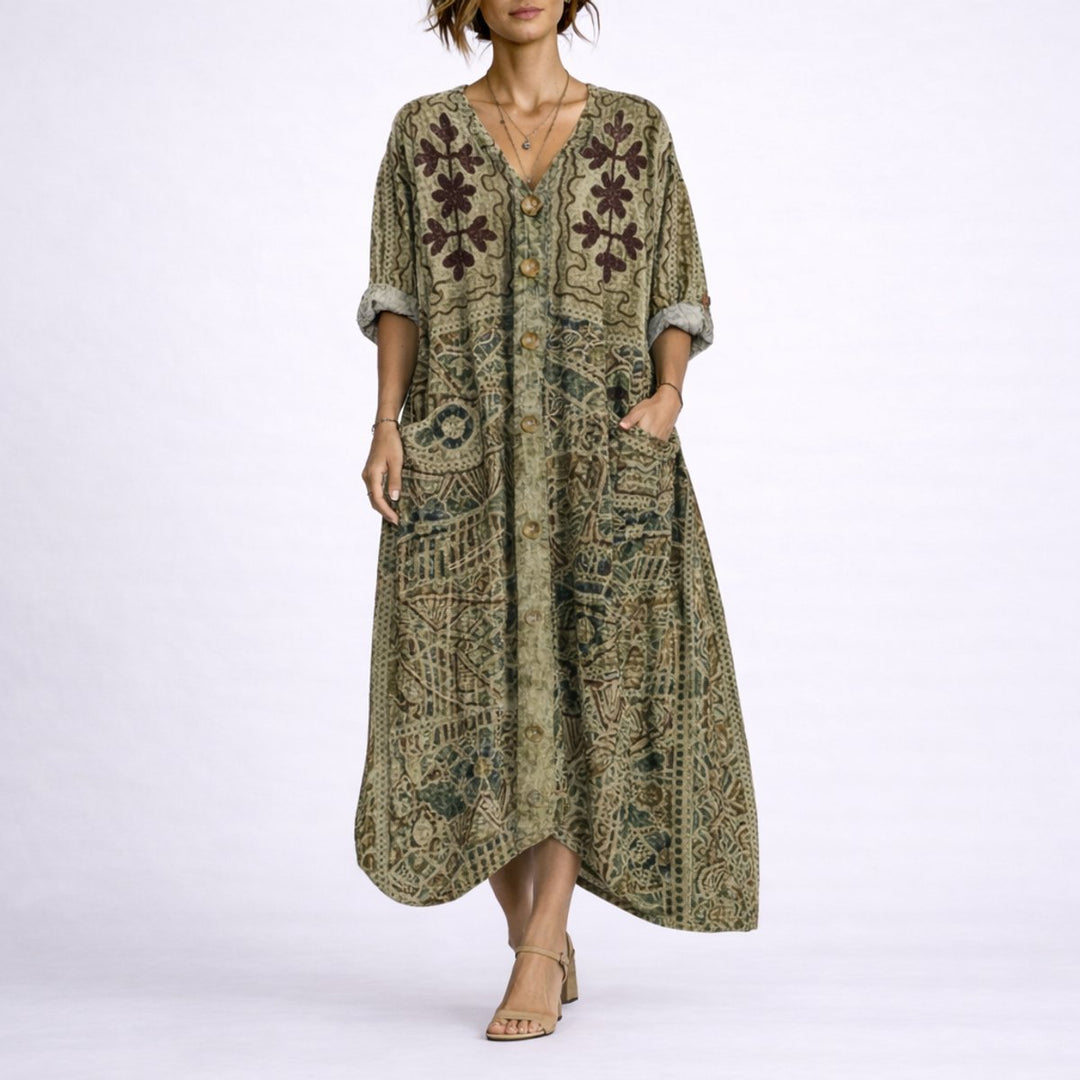 Women's Bohemian Paisley Maxi Kaftan Fall Wedding Guest Dress - Green