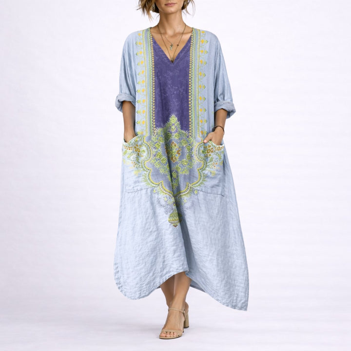 Women's Bohemian Paisley Maxi Kaftan Fall Wedding Guest Dress - Blue & Purple