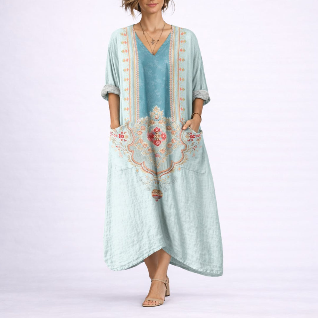 Women's Bohemian Paisley Maxi Kaftan Fall Wedding Guest Dress - Green & Blue