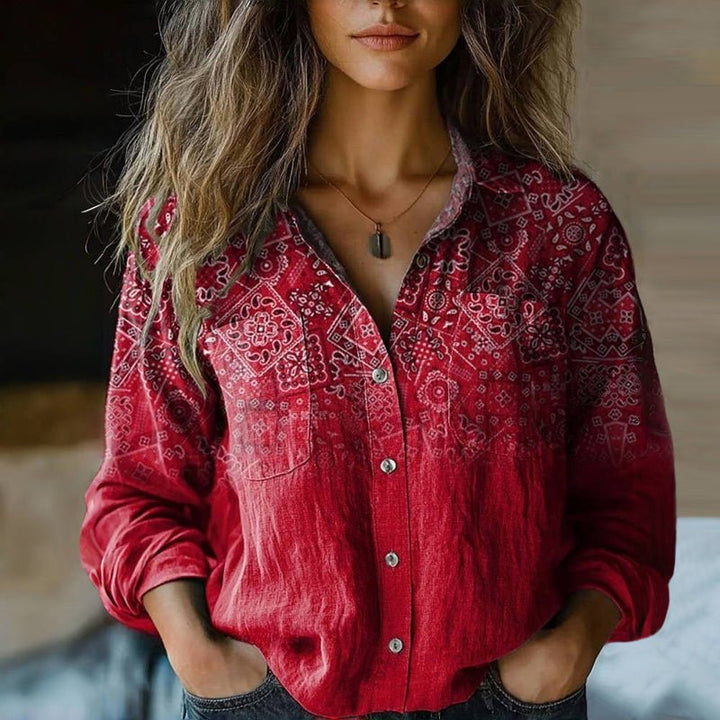 Women's Bohemian Paisley-Print Long-Sleeve Button-Down Blouse - Red