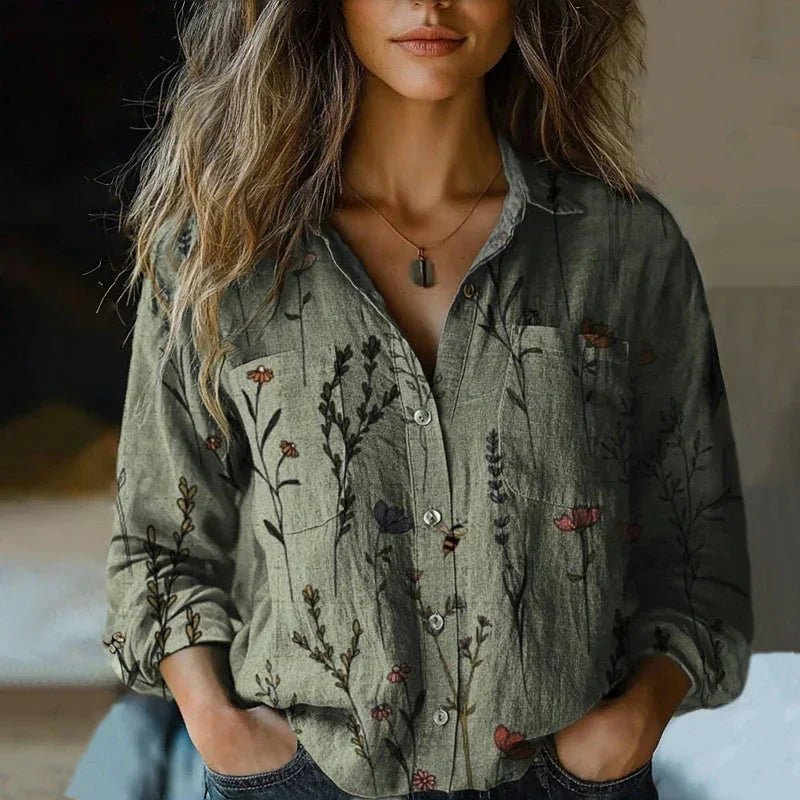 Women's Bohemian Paisley-Print Long-Sleeve Button-Down Blouse - Green