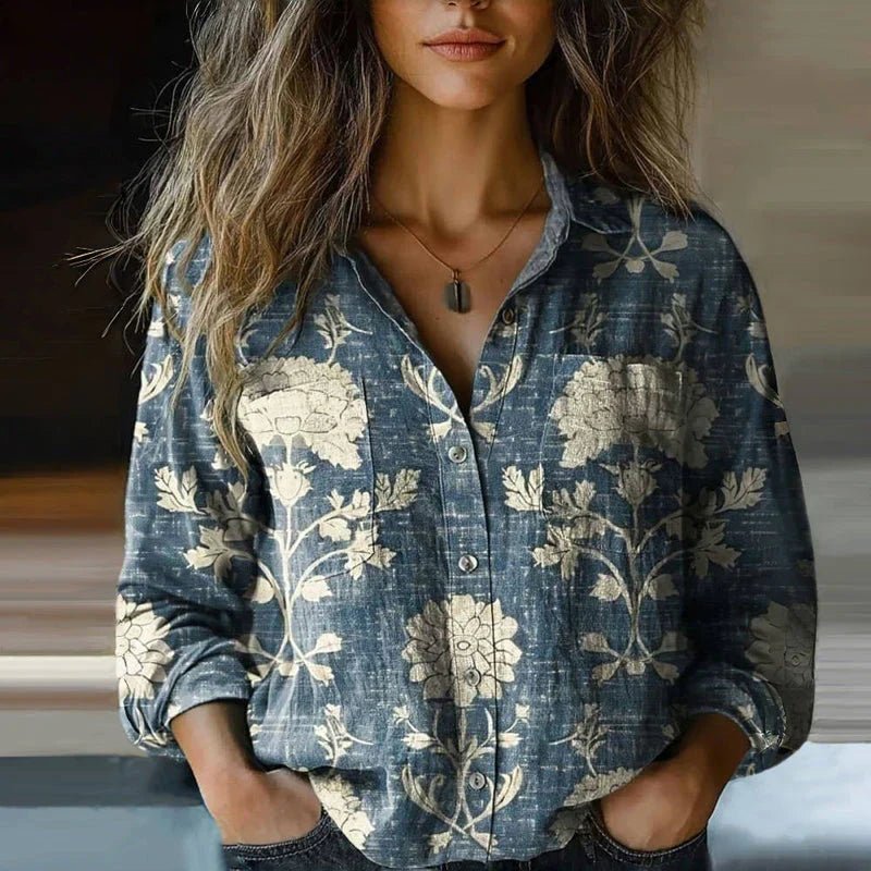 Women's Bohemian Paisley-Print Long-Sleeve Button-Down Blouse - Blue