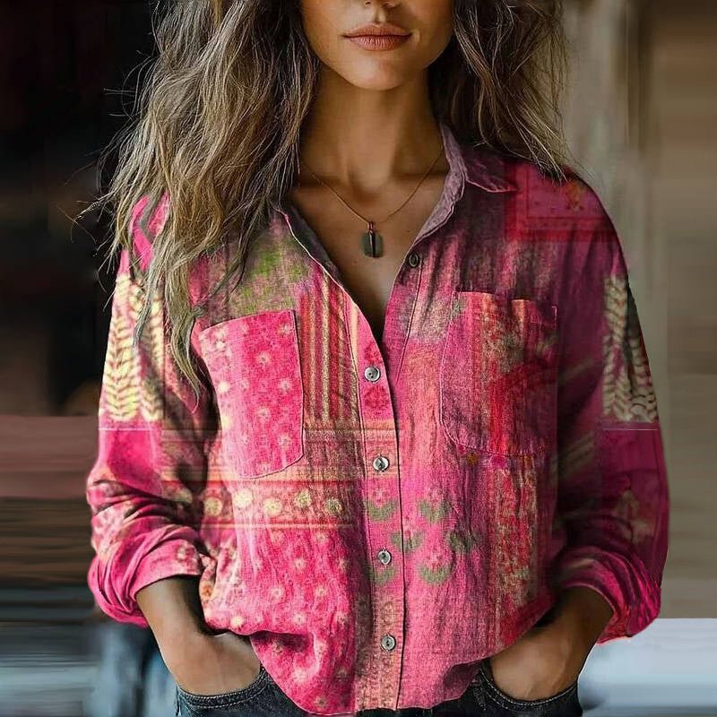 Women's Bohemian Paisley-Print Long-Sleeve Button-Down Blouse - Pink