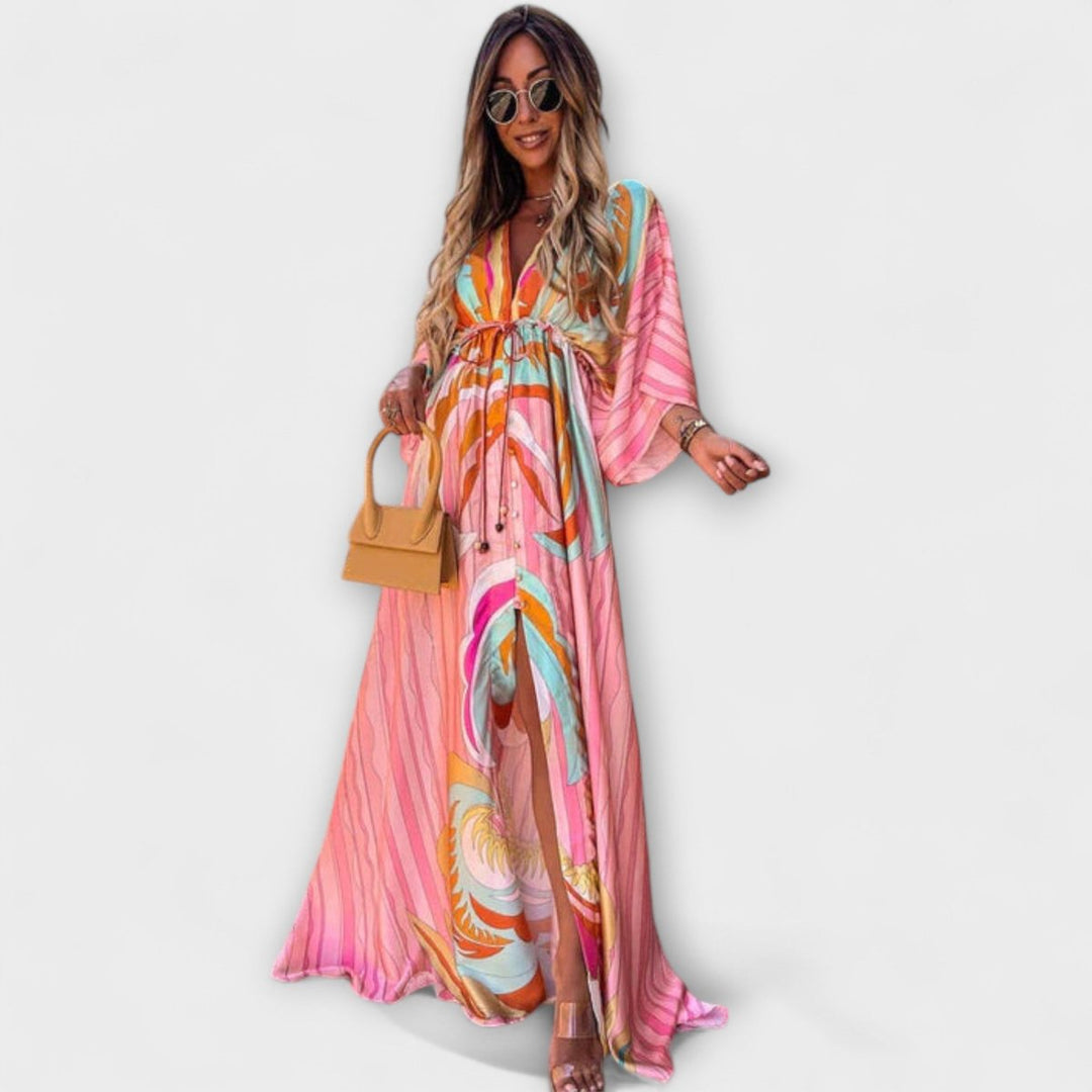 Women's Bohemian V-Neck Drawstring Flowy Maxi Dress - Light Pink