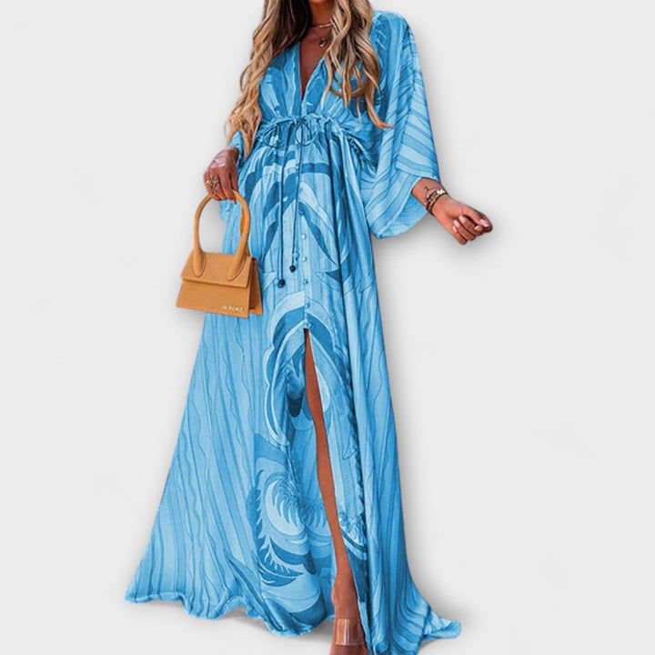 Women's Bohemian V-Neck Drawstring Flowy Maxi Dress - Blue