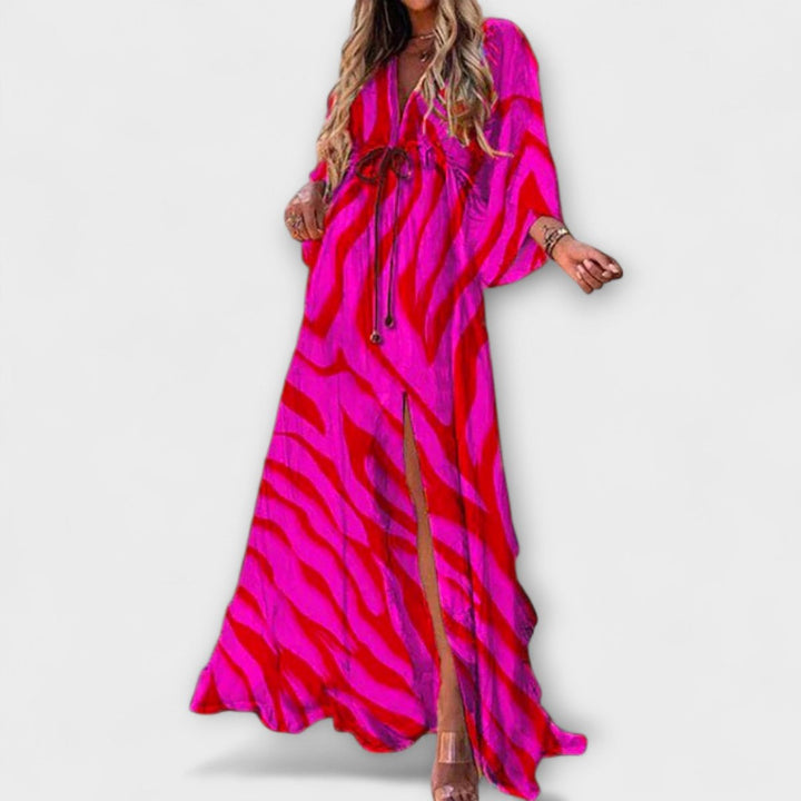 Women's Bohemian V-Neck Drawstring Flowy Maxi Dress - Pink/Red
