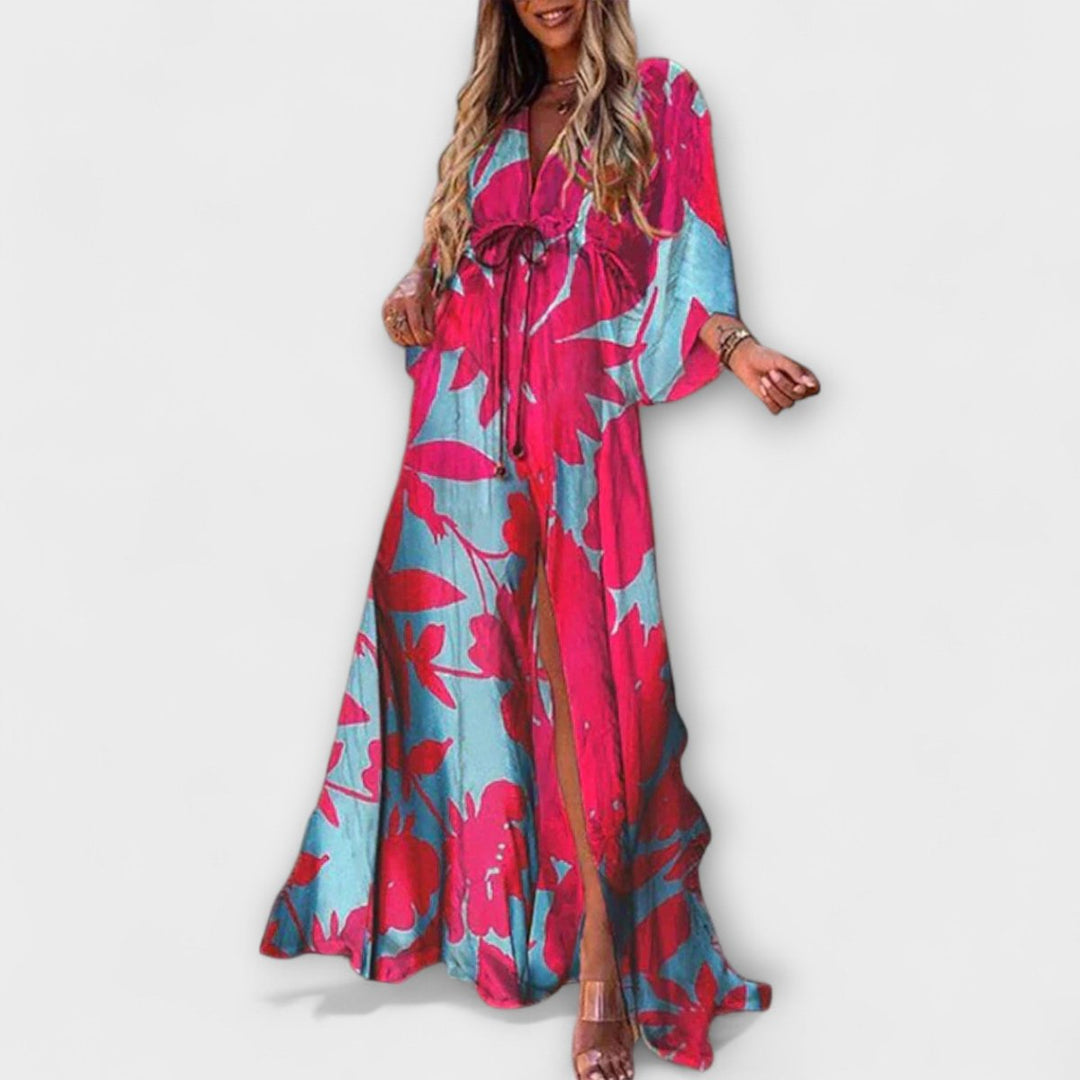 Women's Bohemian V-Neck Drawstring Flowy Maxi Dress - Blue/Pink