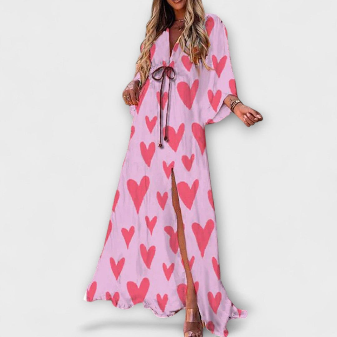 Women's Bohemian V-Neck Drawstring Flowy Maxi Dress - Pink
