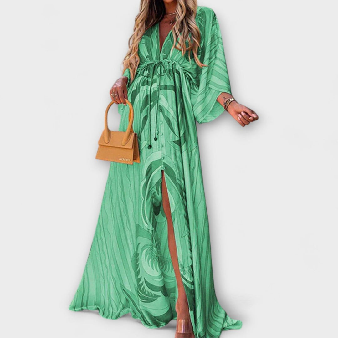 Women's Bohemian V-Neck Drawstring Flowy Maxi Dress - Green