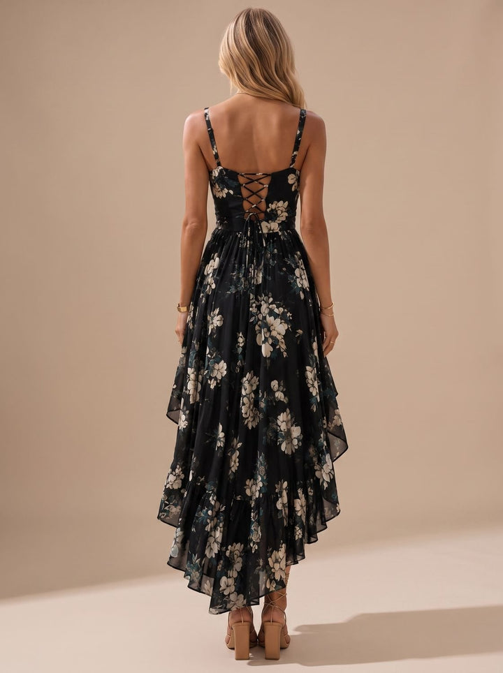 Women's Boho Black Floral Print High-Low Maxi Sundress