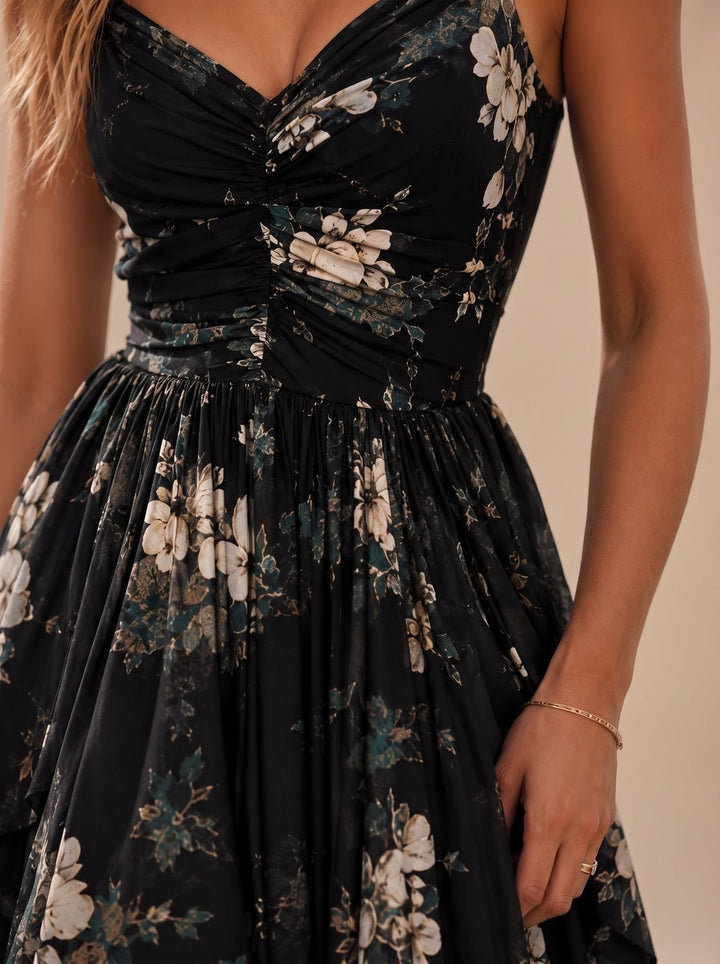 Women's Boho Black Floral Print High-Low Maxi Sundress