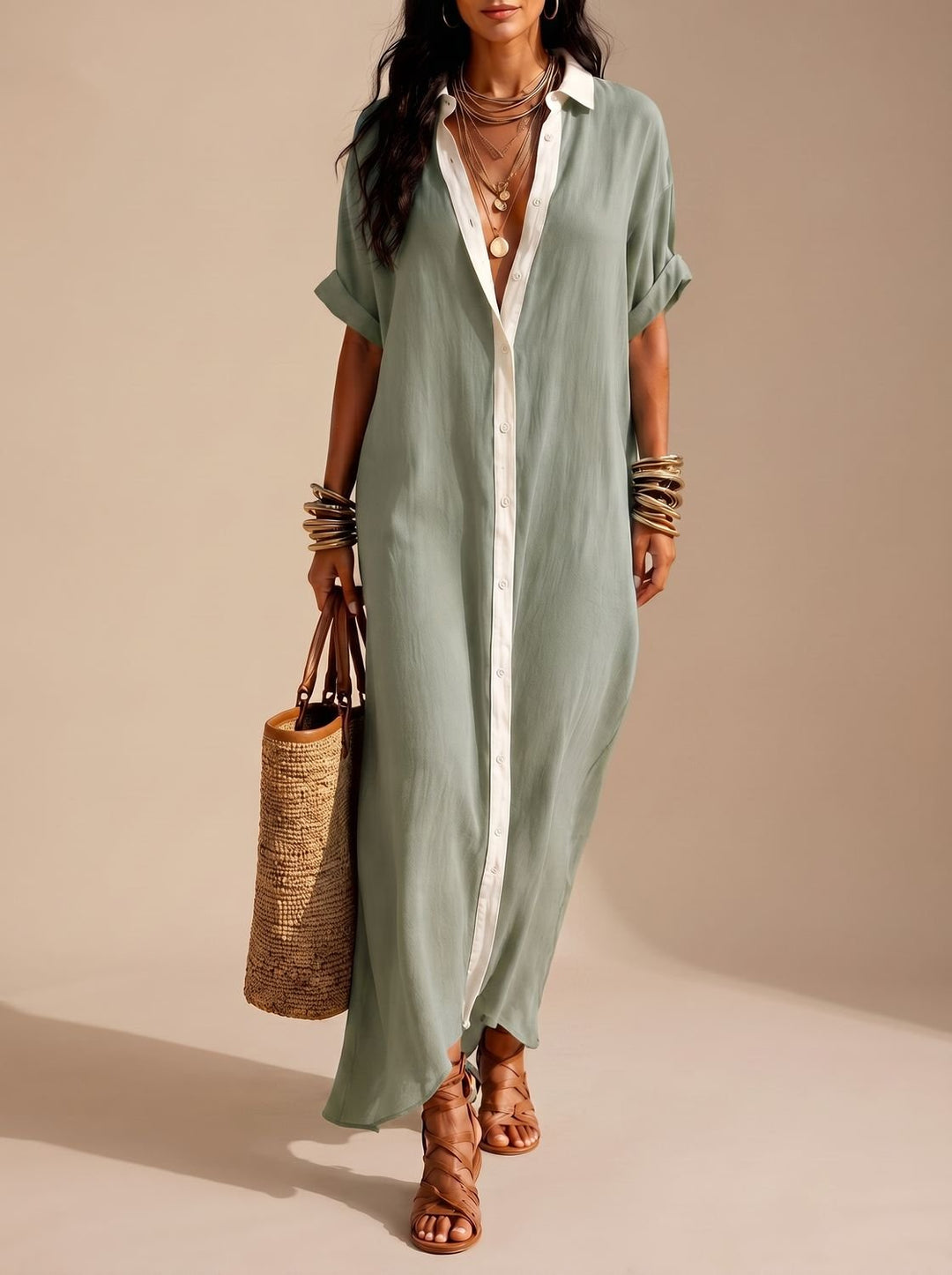 Women's Boho Button-Down Maxi Shirt Dress Rolled Sleeves - Khaki