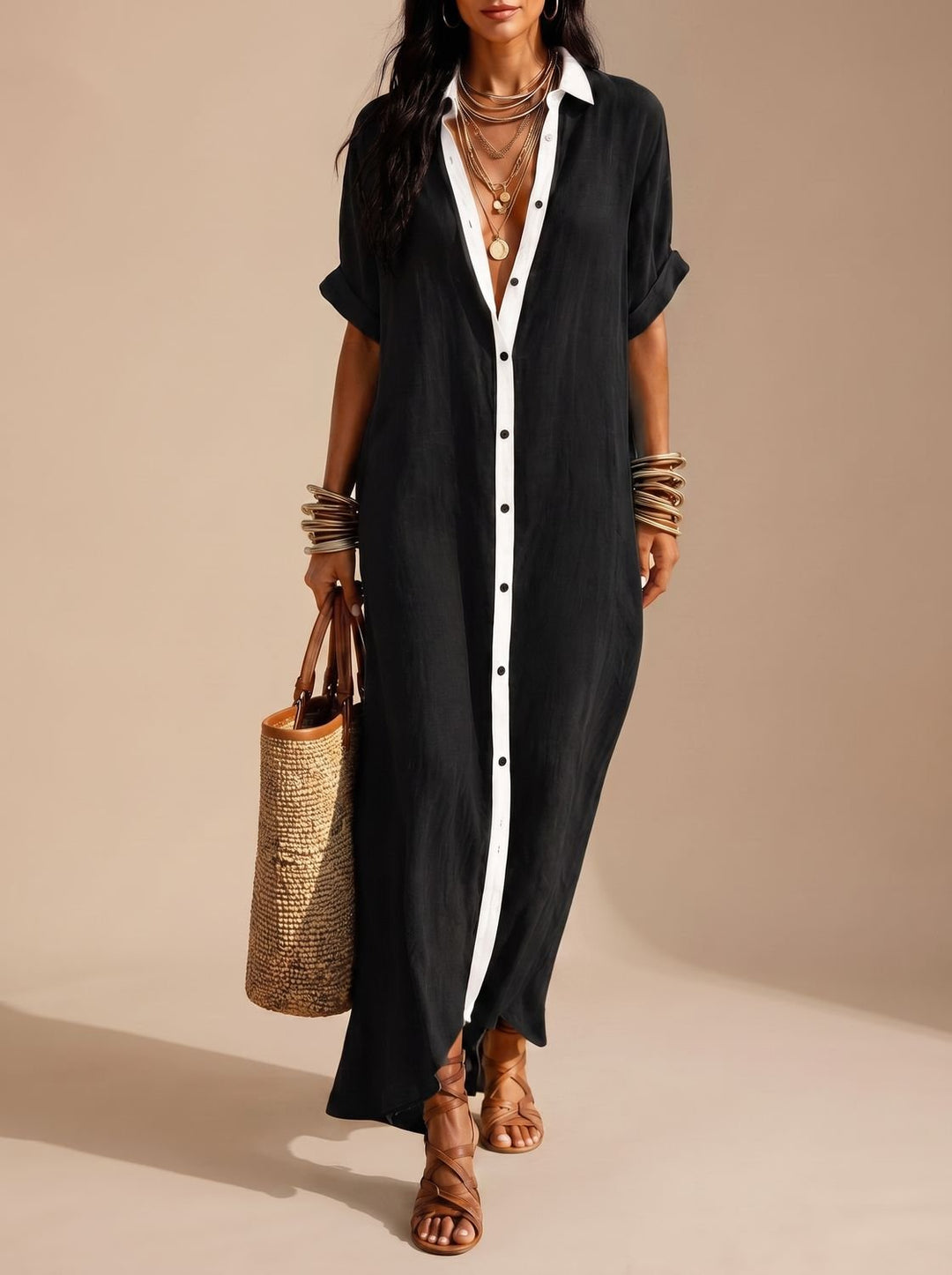 Women's Boho Button-Down Maxi Shirt Dress Rolled Sleeves - Black