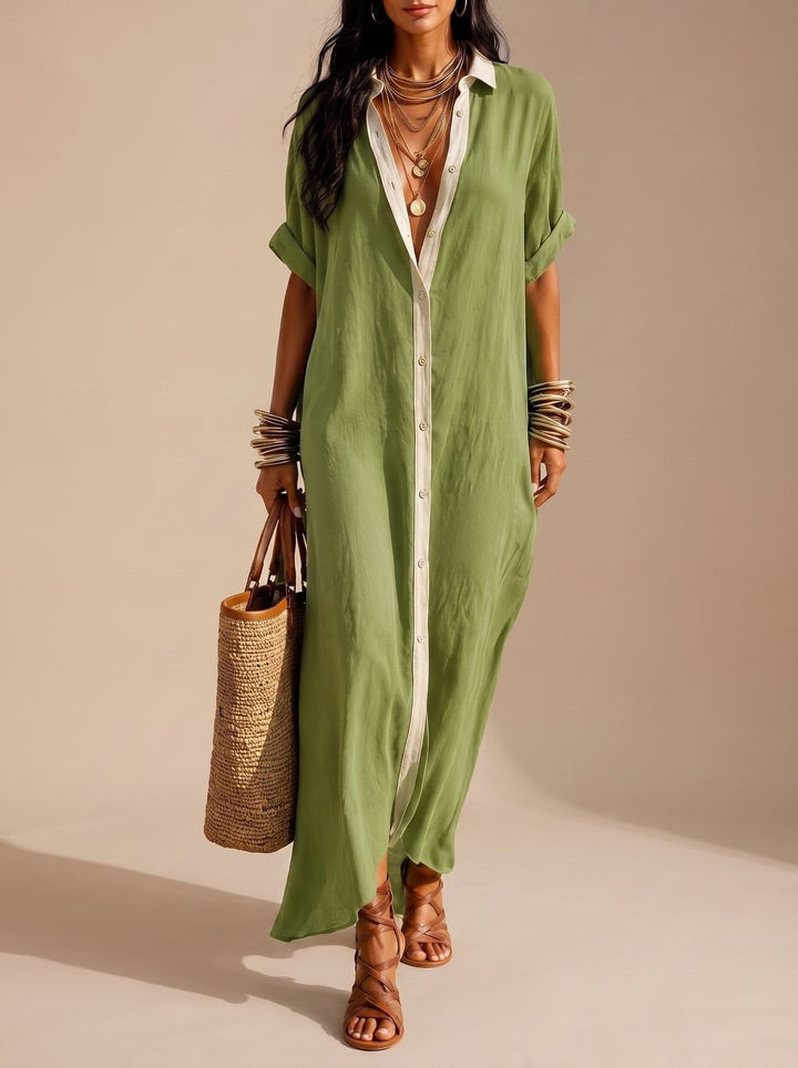 Women's Boho Button-Down Maxi Shirt Dress Rolled Sleeves - Green