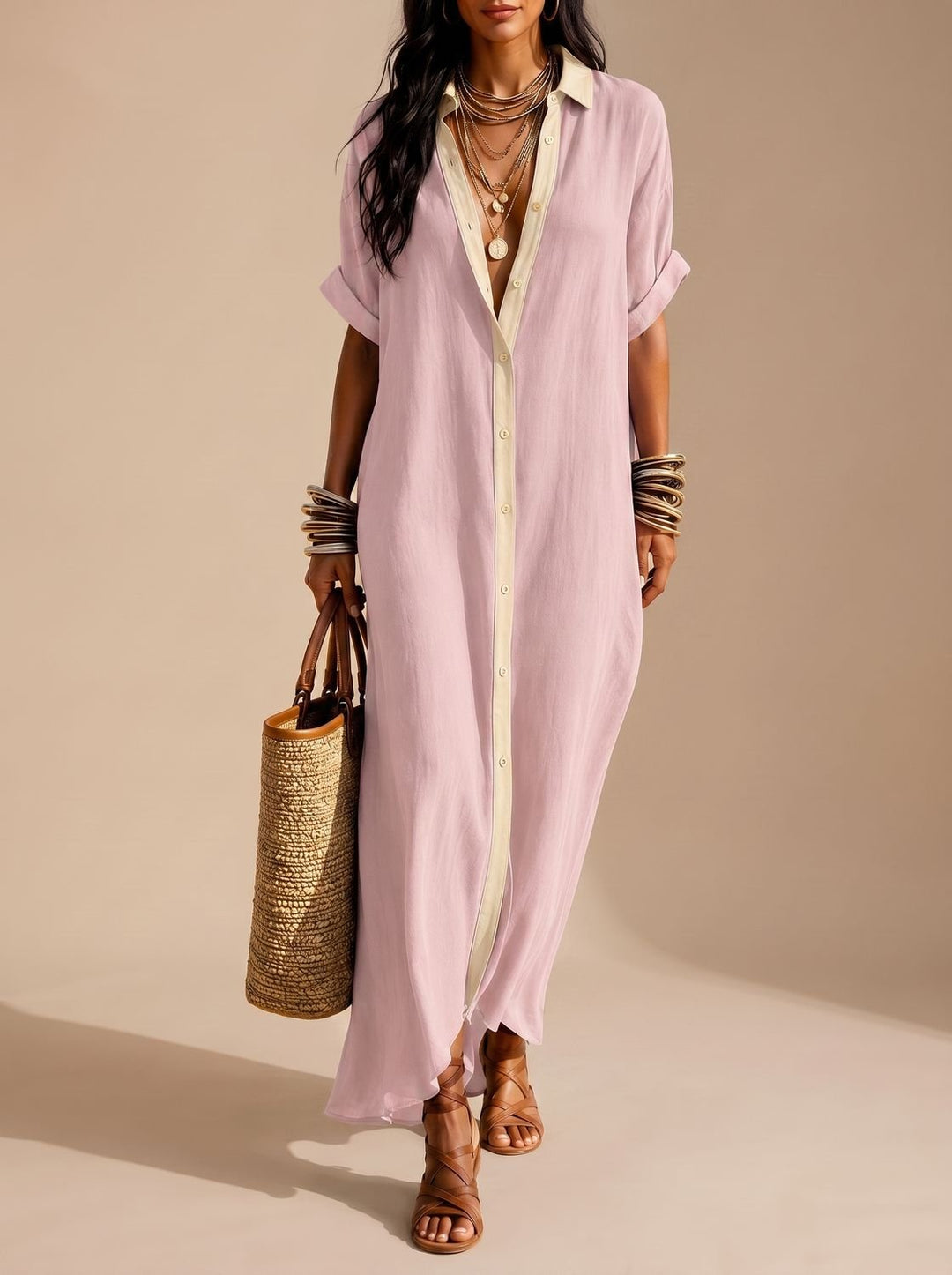 Women's Boho Button-Down Maxi Shirt Dress Rolled Sleeves - Pink
