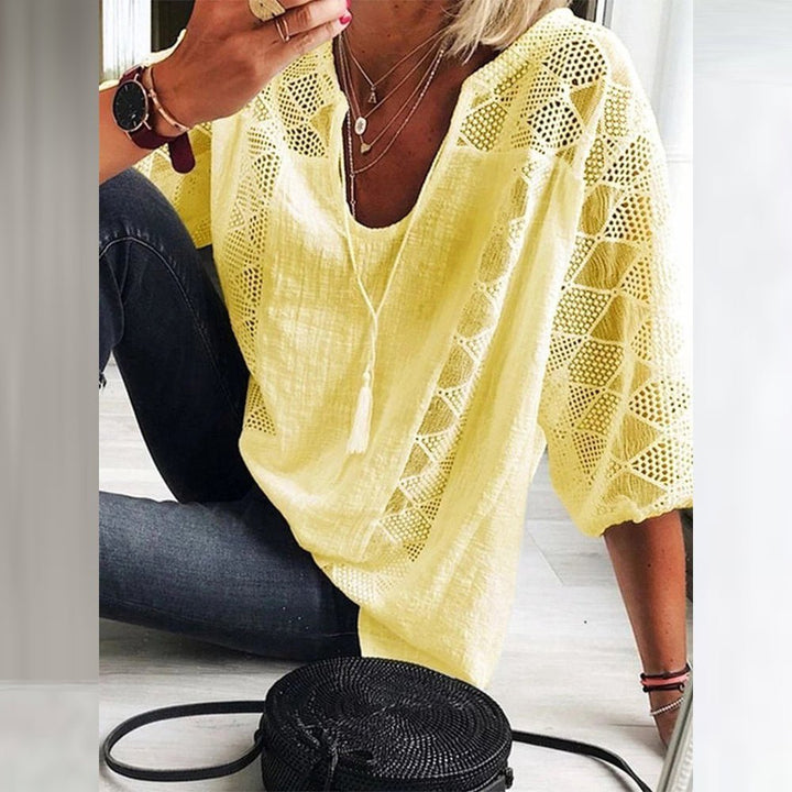 Women's Boho Crochet-Detail Loose Three-Quarter Sleeve Blouse - Yellow