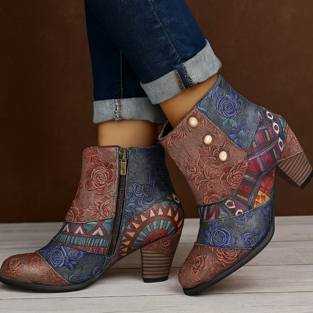 Women's Boho Floral Embossed Block-Heel Ankle Boots - Gray
