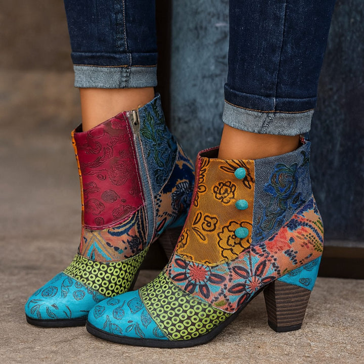 Women's Boho Floral Embossed Block-Heel Ankle Boots - Blue