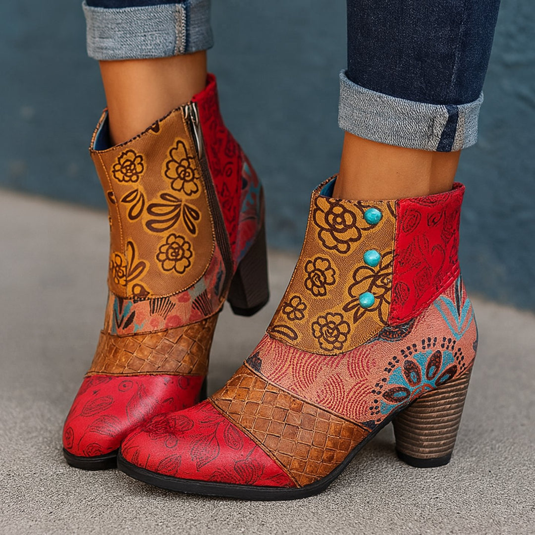 Women's Boho Floral Embossed Block-Heel Ankle Boots - Red