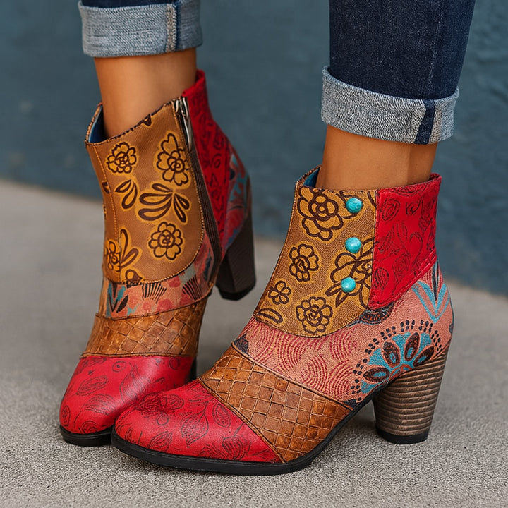 Women's Boho Floral Embossed Block-Heel Ankle Boots - Red