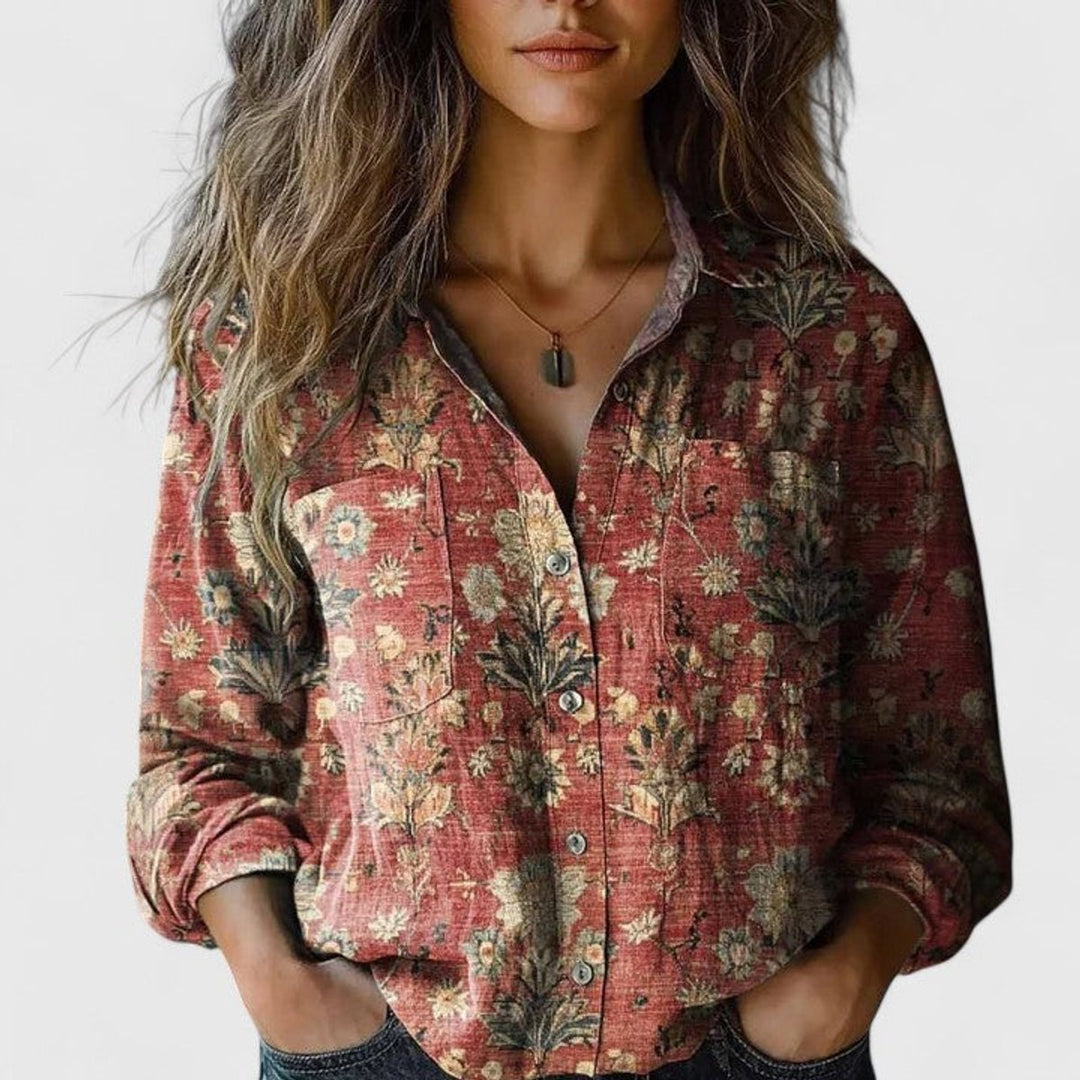 Women's Boho Floral Long Sleeve Button-Up Blouse - Red
