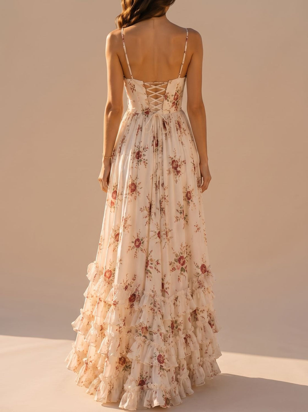 Women's Boho Floral Maxi Dress Corset Spaghetti Strap Front Slit