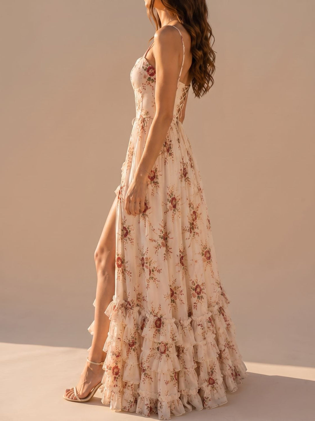 Women's Boho Floral Maxi Dress Corset Spaghetti Strap Front Slit