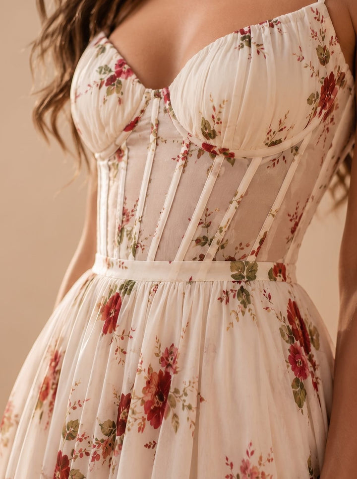 Women's Boho Floral Maxi Dress Corset Spaghetti Strap Front Slit