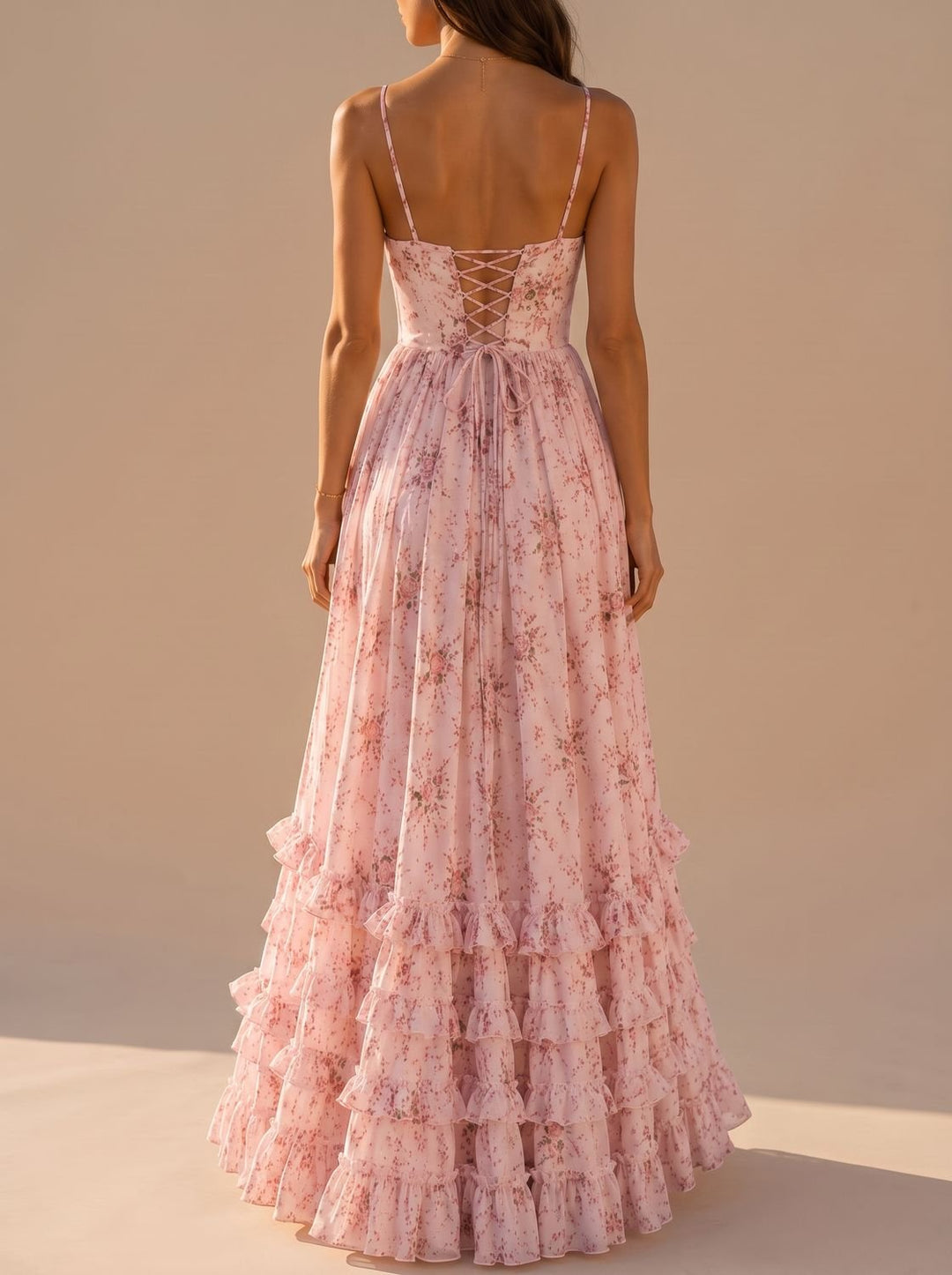 Women's Boho Floral Maxi Dress Corset Spaghetti Strap Front Slit