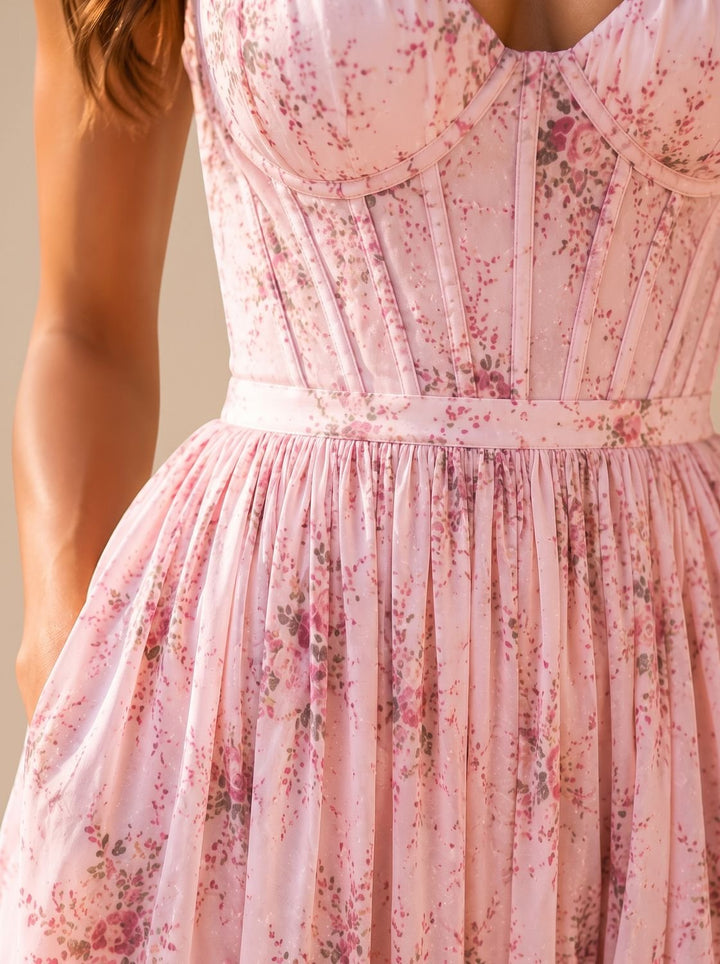 Women's Boho Floral Maxi Dress Corset Spaghetti Strap Front Slit