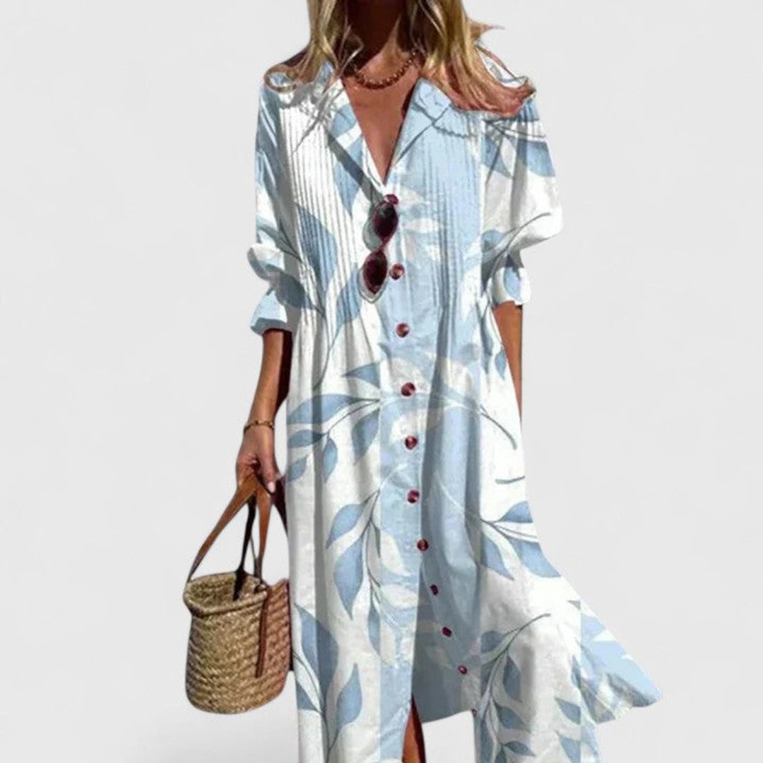 Women's Boho Floral-Print Button-Front Long Sleeve Dress - Sky Blue