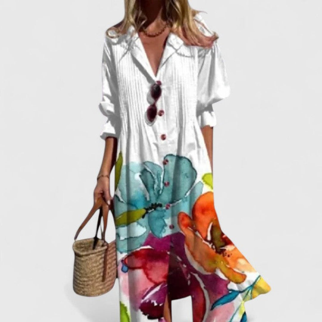 Women's Boho Floral-Print Button-Front Long Sleeve Dress - White