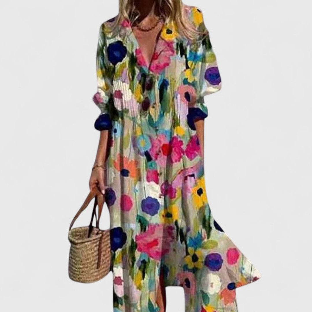Women's Boho Floral-Print Button-Front Long Sleeve Dress - Multicolor 1