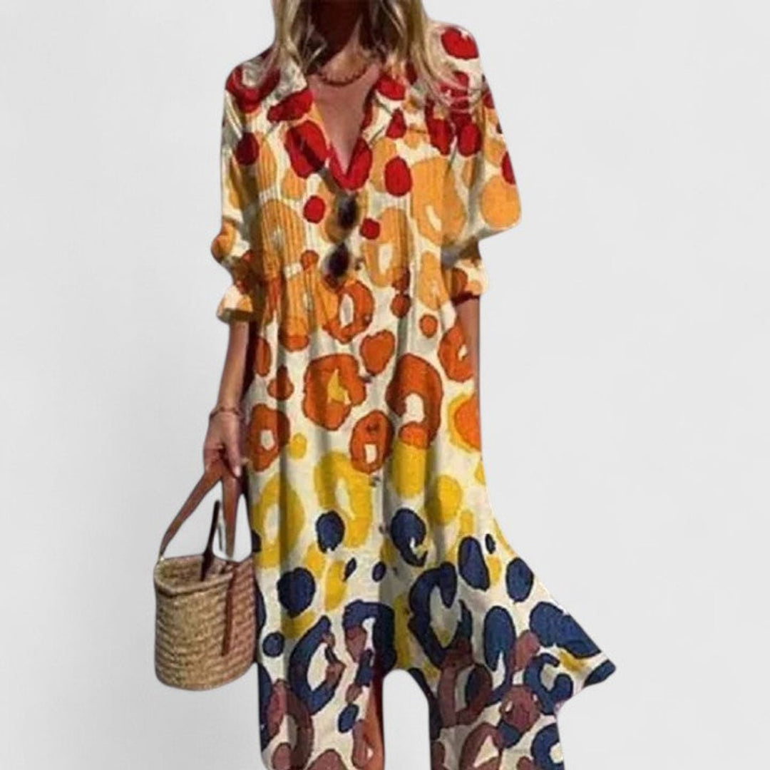 Women's Boho Floral-Print Button-Front Long Sleeve Dress - Yellow