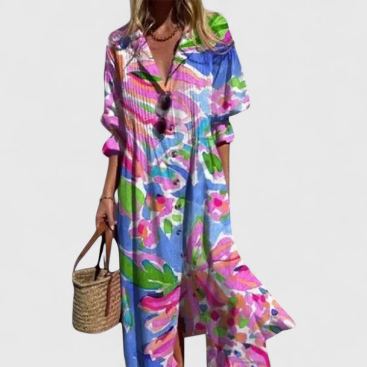 Women's Boho Floral-Print Button-Front Long Sleeve Dress - Red