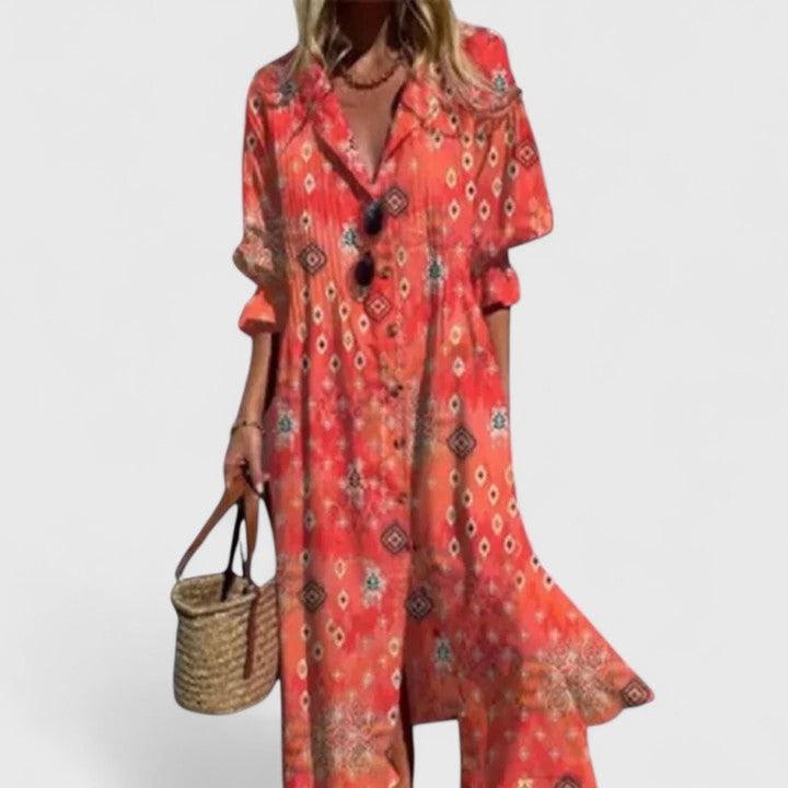 Women's Boho Floral-Print Button-Front Long Sleeve Dress - Rouge Red