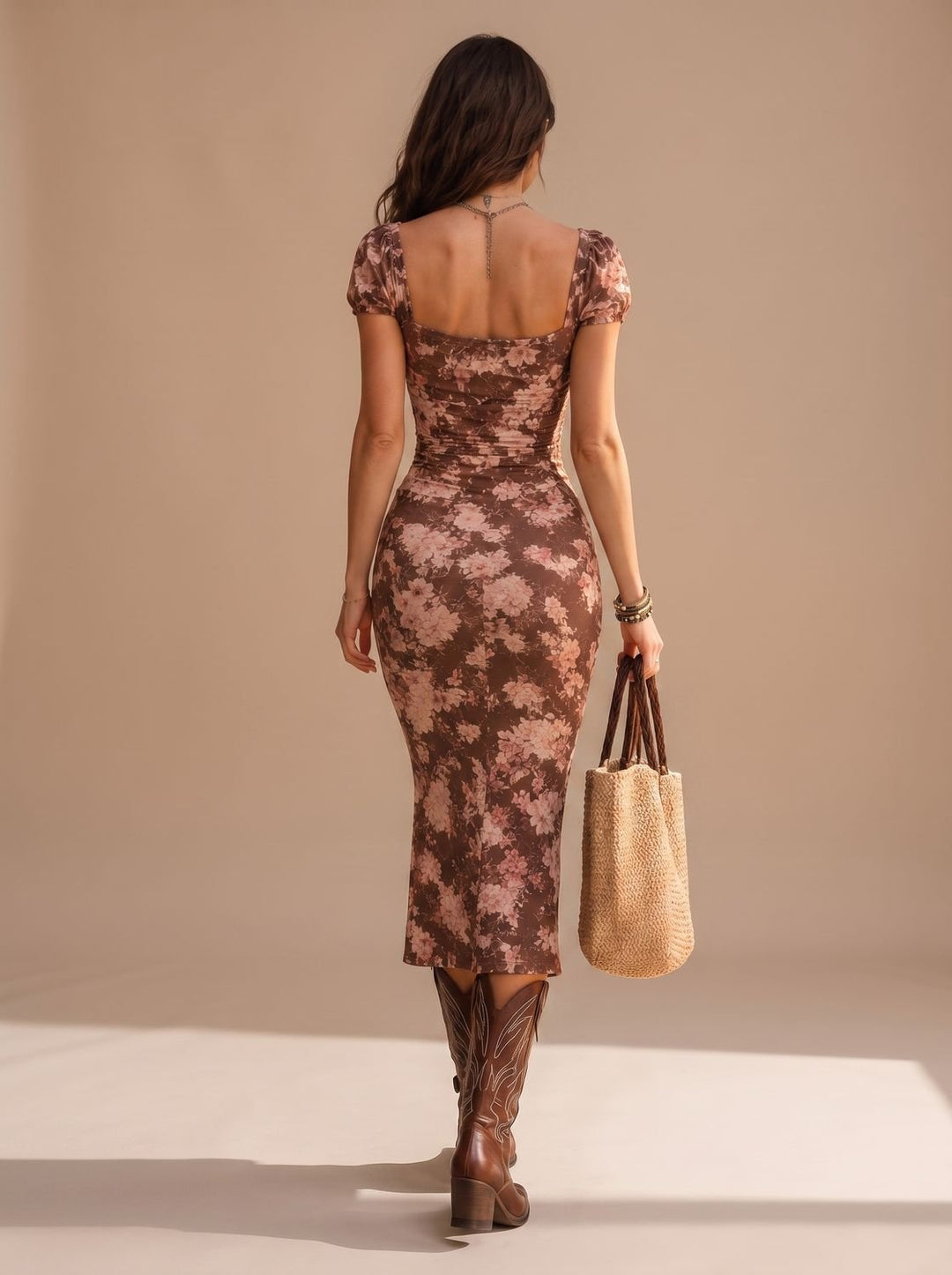 Women's Boho Floral Print Ruched Midi Dress Sweetheart Neck Side Slit